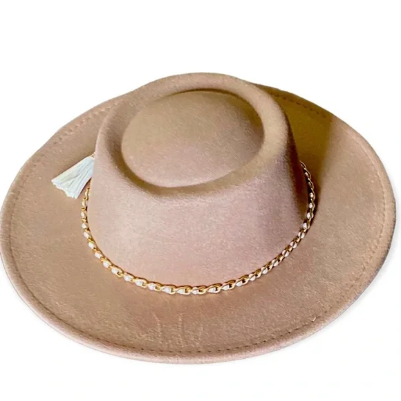 NEW Soft Tan Boater Wide Stiff Brim Round Pork Pie Crown Fedora Hat - Picture 3 of 3